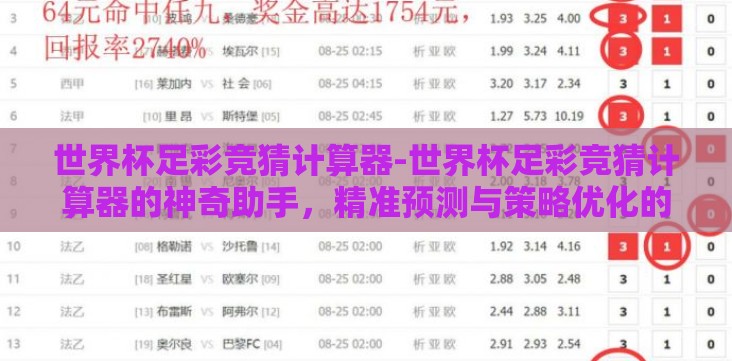 世界杯足彩竞猜计算器-世界杯足彩竞猜计算器的神奇助手,精准预测与策略优化的完美结合 世界杯足彩竞猜计算器-世界杯足彩竞猜计算器的神奇助手,精准预测与策略优化的完美结合
