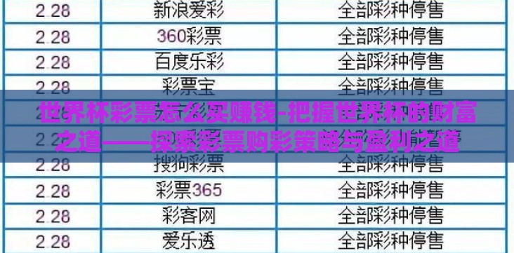 世界杯彩票怎么买赚钱-把握世界杯的财富之道——探索彩票购彩策略与盈利之道 世界杯彩票怎么买赚钱-把握世界杯的财富之道——探索彩票购彩策略与盈利之道