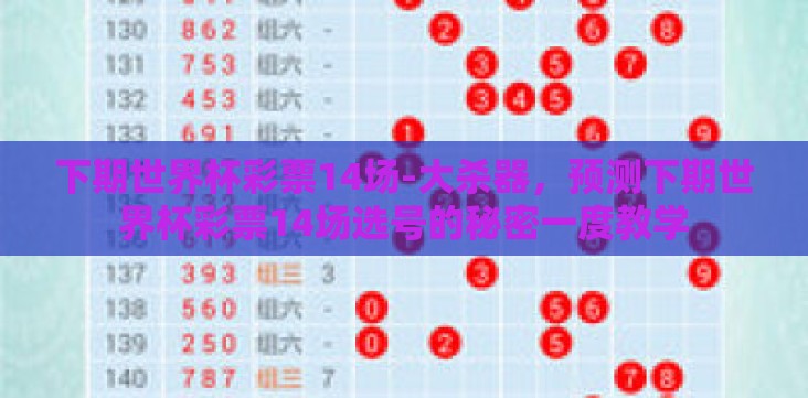 下期世界杯彩票14场-大杀器,预测下期世界杯彩票14场选号的秘密一度教学 下期世界杯彩票14场-大杀器,预测下期世界杯彩票14场选号的秘密一度教学